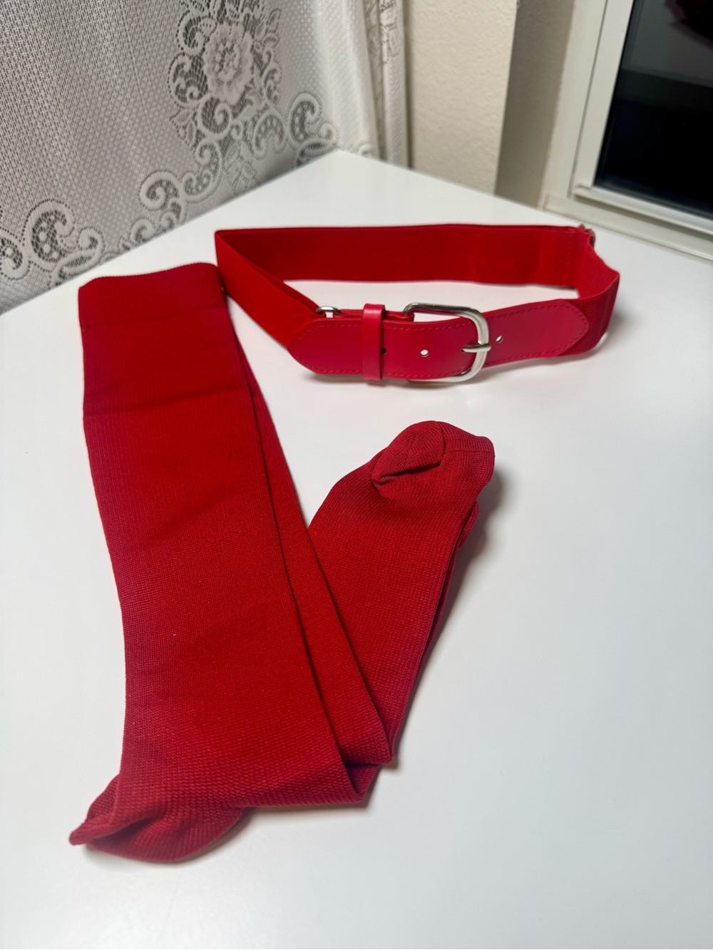 Red Athletic Stretch Belt with Matching Red Knee Socks